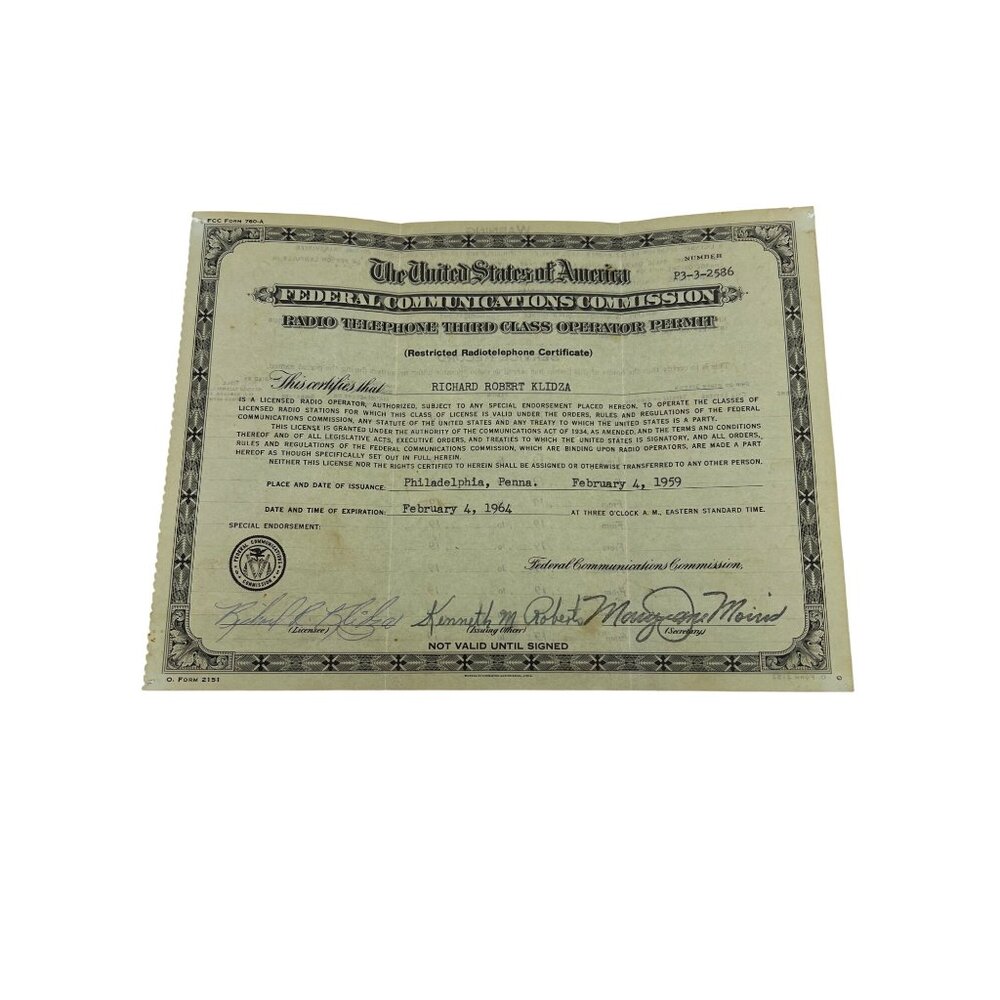 Vintage FCC Radio Telephone Third Class Operator Permit Certificate 1959 USA